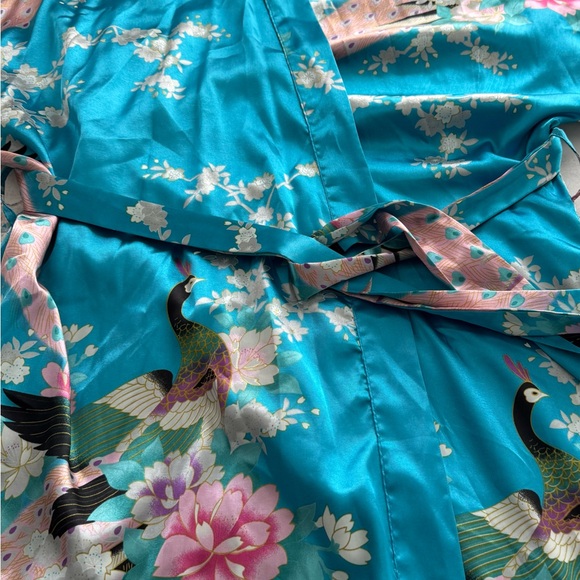 Applesauce teal blue satin peacock floral silk-like belted robe, one size boho - Picture 10 of 16